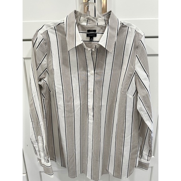 Talbots Non Iron Stripe Popover Shirt Women's Medium Beige Black White - Picture 1 of 6